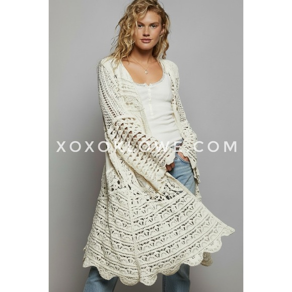 POL Sweaters - POL Cream Chenille Crochet Duster Cardigan | Long Open Knit Embroidered Boho